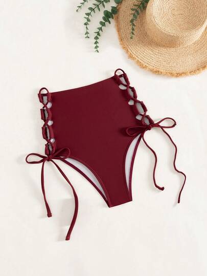 SHEIN Swim Women's Summer Beach Solid Color Side Tie Bikini Bottom