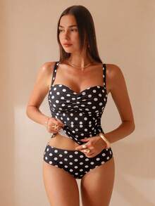 Swim Lushoire 2pcs Women's Fashionable Printed Beach Vacation Spaghetti Strap Bikini Set Swimwear, Spring/Summer - Black and White - View 1