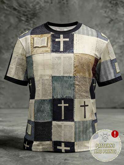 Glimmora 男士休闲拼接印花圆领短袖T恤，夏季