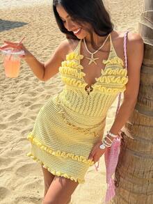 Soleia Sexy Spaghetti Strap Metallic Starfish Hollow Out Mini Spaghetti Strap Dress, Suitable For Vacation, Music Festival, Bohemian, Holiday, Date, Afternoon Tea - Yellow - View 1