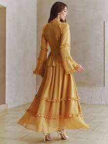 Anewsta Neues Sommer Urlaubsoutfit, einfarbiges Kleid mit rundem Ausschnitt, geraffter Taille, weiten Ärmeln und fließendem, elegantem Schnitt für Frauen - Gelb - Übersicht 2