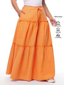 Solavibe 大码休闲纯色前系结荷叶边下摆半身裙 - 橘色 - 查看 8