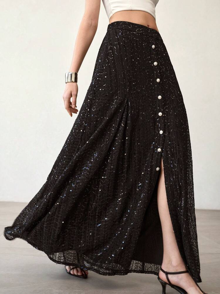 SEQUIN SOLID SINGLE BREASTED FRONT SKIRT