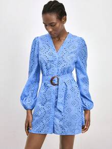 Maija Women's Hollow Embroidery Lantern Sleeve V-Neck Casual Short Dress - Blue - View 4