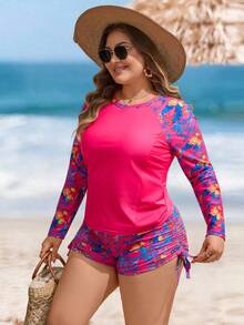Swim Lushoire 2026新款加大码女式两件套，随机紫红色叶子印花，时尚休闲宽松高腰抽绳短裤和长袖圆领泳衣 - 玫紅色 - 查看 3