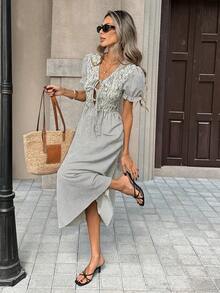 Pariaura 女士复古条纹纹理V领收腰中长连衣裙，花瓣袖，法式乡村风格 - 黑色 - 查看 3