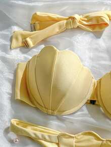 Swim Mod Baju Renang Seksi 2 Potong Motif Patchwork Petal dengan Cup Keras dan Tali Bahu yang Dapat Dilepas, Warna Polos - Kuning - View 5