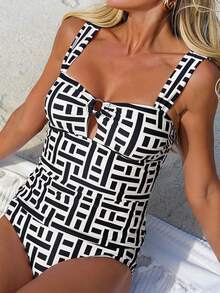 Swim Lushoire 2pcs Women's Summer Beach Fashion Vacation Random Line Print Ruched Resin Ring Top & Matching Random Print Triangle Tankini Swimsuit Set - Multicolor - View 6