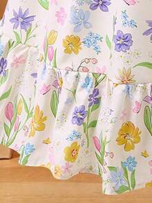 夏季波西米亚风，柔软舒适，碎花图案，甜美青春；飘逸的袖子搭配背部的大蝴蝶结，活泼俏皮；收腰设计搭配A字裙摆，贴身显瘦；柔软舒适的面料，荷叶边下摆增添少女魅力，适合日常穿着、外出和聚会。优雅的碎花连衣裙，儿童碎花连衣裙，女童蝴蝶结连衣裙，橙色蝴蝶结连衣裙 - 彩色 - 查看 4