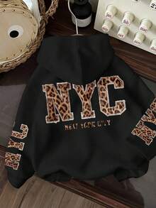 SHEIN Plus Size Women Leopard Print Letter Sweatshirt Sweatshirt - Black - View 1