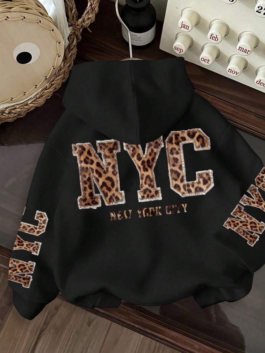 SHEIN Plus Size Women Leopard Print Letter Sweatshirt Sweatshirt - Black - View 1