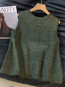 Resyla 女士亚麻质感V领无袖背心+短裤套装，休闲度假日常穿着，春夏款 - 綠色 - 查看 4