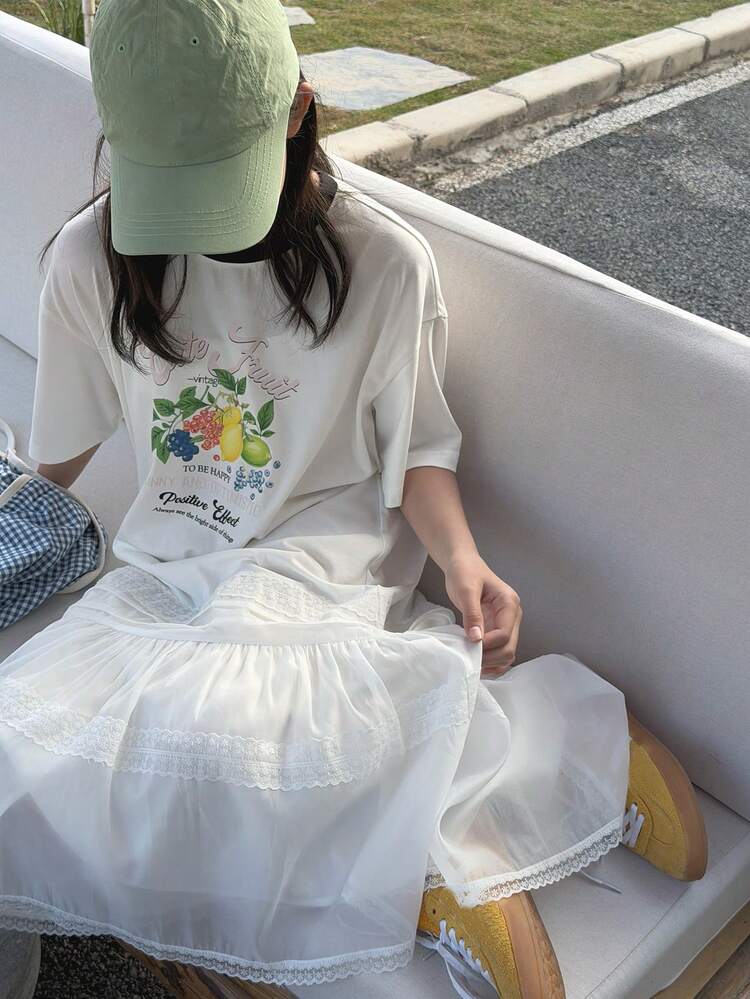 Tween Girl Round Neck Letter & Fruit Print Casual Vacation Daily Wear Short Sleeve Dress Summer