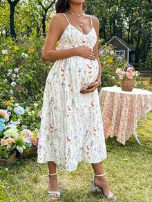 SHEIN Vestido de tirantes casual con estampado floral y volantes para maternidad - Albaricoque - Ver 6