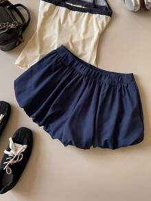 Muvela Navy Blue Adjustable Waist Elastic Waistband Side Pocket Stylish Women Pleated Shorts, Modern Retro College Style, Spring/Summer - Blue - View 4