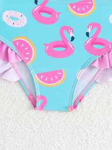 Conjunto de traje de baño de niña con estampado de dibujos animados que incluye camiseta de protección solar de manga larga y bikini triangular, adecuado para nadar, playa, piscina - Multicolor - Ver 5