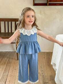 LMoss Kids 2件套 女童撞色荷叶边蓝色牛仔宽松背心和裤子套装 - 淺色水洗藍 - 查看 5