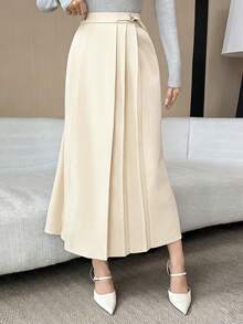 DAZY 女士优雅纯色裹身百褶裙，秋季 - 杏色 - 查看 5