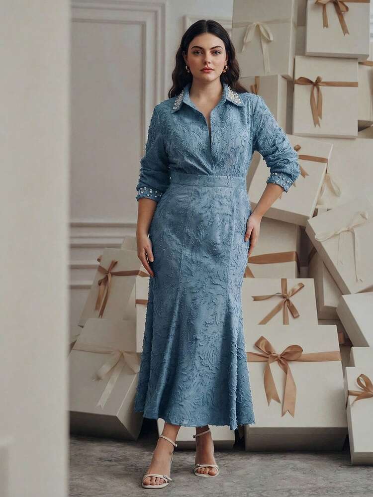 Plus Size Women's Elegant Jacquard Fabric Blue Waist Fitted Mermaid Skirt