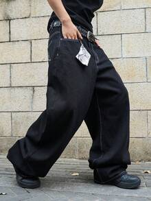 Manfinity EMRG Men's Casual Fashion Street Daily Commute Funny Print Contrast Stitch Loose Bootcut Jeans - Black - View 5