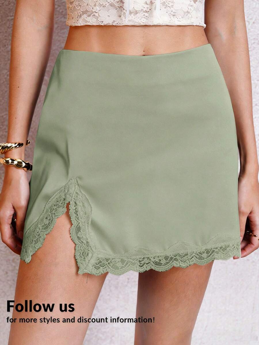 Lavishia 缎面撞色蕾丝边开衩性感优雅修身女裙 - 橄欖綠 - 查看 1