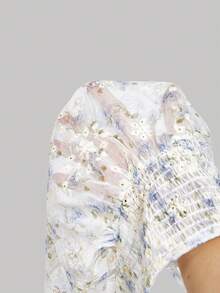 SHEIN MOD Women's Floral Print Pleated Casual Versatile Daily Wear Camisole Top - Blue and White - View 7