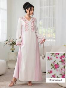 Al Najma V领刺绣花卉蕾丝拼接撞色长袖喇叭裙摆时尚优雅派对花卉连衣裙 - 彩色 - 查看 5