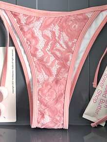 女士性感蕾丝露背系带挂脖比基尼套装，海滩度假风 - 粉色 - 查看 5