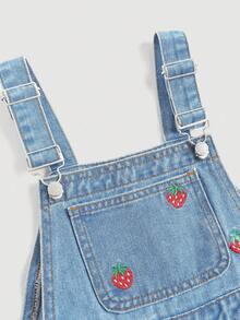 Girlism Tween Girl Strawberry Embroidered Pocket Casual Denim Romper - Light Wash - View 4