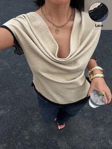 Siren Gaze Women's Spring/Summer New Arrival Ruffle Collar Sleeveless Lace Patchwork Blouse, Elegant Fitted Shirt - Apricot - View 4