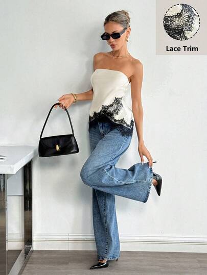 Siren Gaze Women's Summer Casual Fashion Beach Resort Matte Satin Lace Trim Bandeau Top