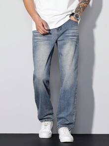 Manfinity Hypemode 男士休闲水洗蓝色牛仔裤，时尚宽松长裤，四季皆宜 - 淺色水洗藍 - 查看 7