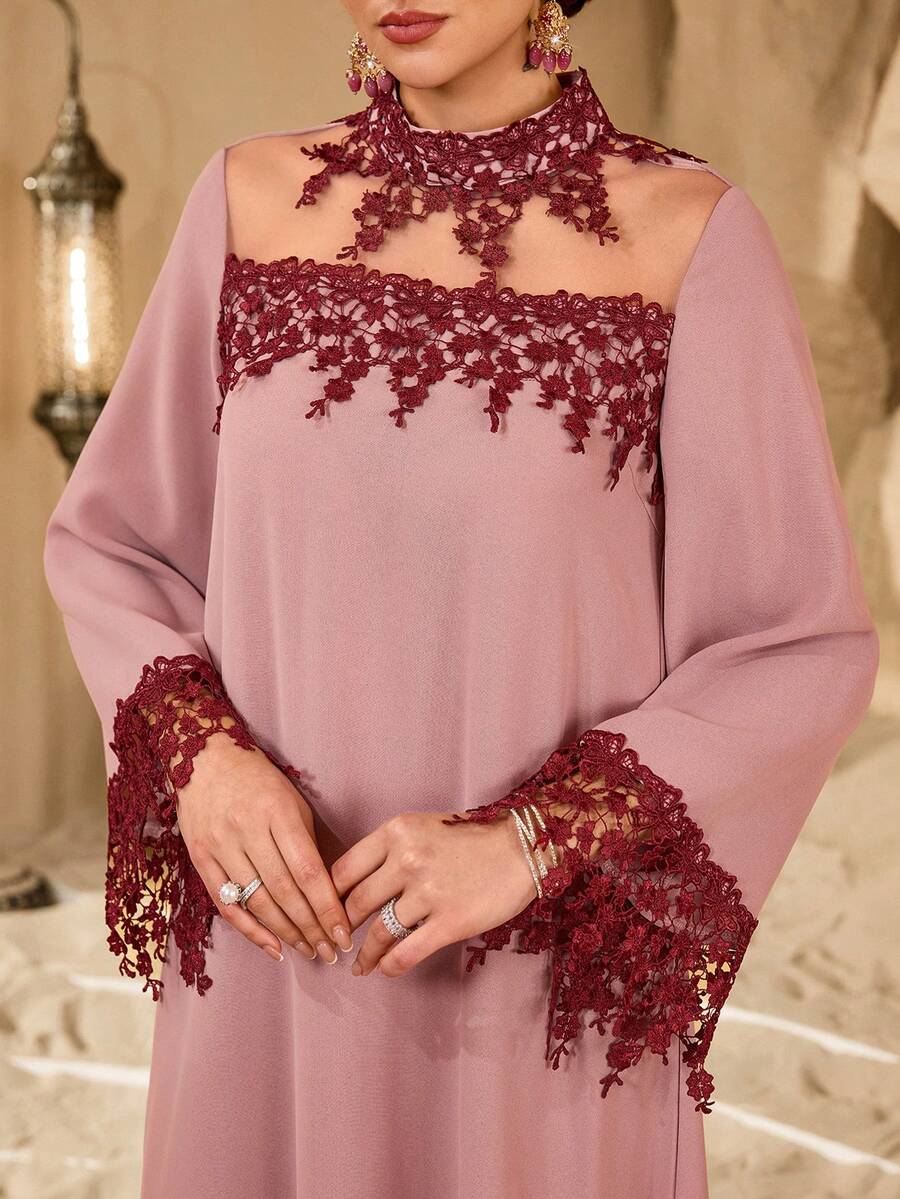 SHEIN Najma Vintage Romantic Colorblock Decorative Patchwork Women Long Sleeve Fashionable Young Dress - Pink - View 1