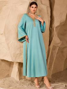 Al Najma Women's Elegant Minimalist Luxurious Floral Collar Gold Ribbon Splice Deep V-Neck Loose Arabian Dress - Teal Blue - View 6