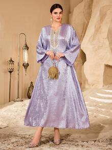 Al Najma Women's Shiny Embroidered Beaded Long Robe, Loose Slimming Banquet Elegant Robe - Purple - View 4