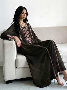 SHEIN Najma Floral Print V-Neck Long Sleeve Olive Green Maxi Dress, Elegant Arabic Style Clothing, Spring/Summer - Multicolor - View 5