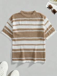 Manfinity LEGND 男士休闲撞色条纹镂空针织上衣，春夏款 - 卡其色 - 查看 3