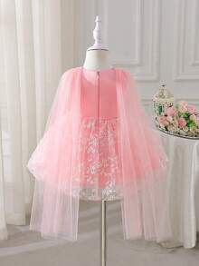Glamorique Kids 女婴香槟色刺绣薄纱连衣裙，配披肩，公主风正式礼服，适合婚礼、派对、生日、晚宴等场合。女婴公主裙，刺绣女婴连衣裙，女婴派对连衣裙，女婴连衣裙，粉色女婴连衣裙，公主裙，女婴连衣裙，女婴婚纱 - 粉色 - 查看 2