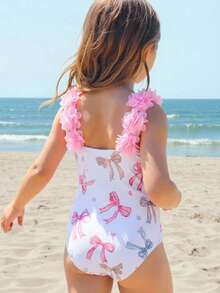 Emery Rose Kids Emery Rose Kids 女童条纹蝴蝶结花卉连体泳衣 - 白色 - 查看 4