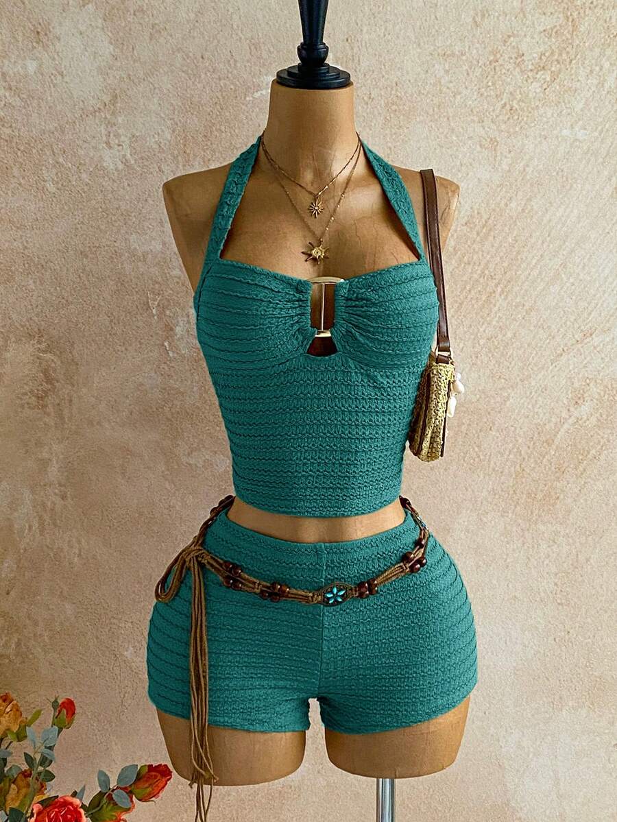 Soleia 秋冬度假卡其色纹理面料女士休闲两件套，金属吊带背心和休闲短裤，日常/度假/沙滩装 - 藍色 - 查看 1