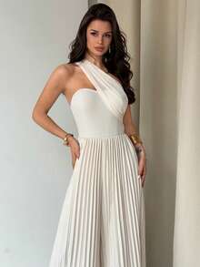 Firerie 优雅浪漫不对称网纱抹胸高腰阔腿连体裤，适合晚宴、节日、情人节、约会、婚礼、出席宾客、度假等场合。 - 杏色 - 查看 1