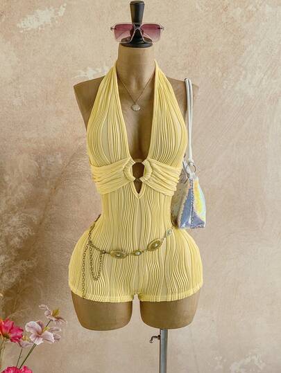 Soleia Women's White Textured Knit Backless Jumpsuit With Round Ring Decor, Elegant For Halloween, Christmas, Vacation, Sexy Summer And Spring Valentine's Day Carnival Outfit Party Dresses For Women Beach Dress   Going Out Outfits Elegant Dresses For Women Vacation Outfits Casual Dresses Sequin