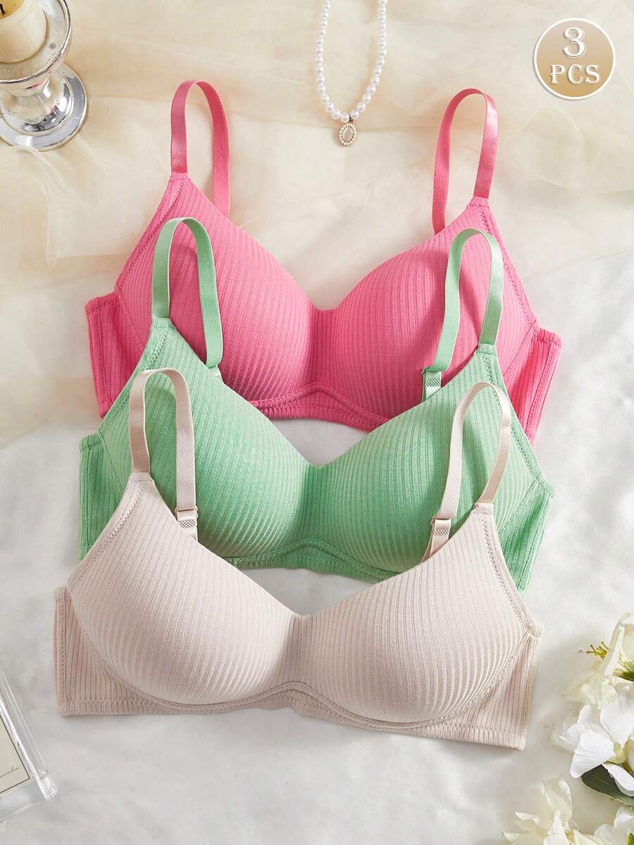 SHEIN 3cps 女士舒适休闲罗纹面料纯色无钢圈软杯防下垂文胸 - 彩色 - 查看 1