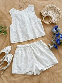 SHEIN WYWH Women's Vacation Casual Loose Backless Textured Fabric A-Line Tank Top, Elastic Waist Relaxed Shorts With Pockets, Suitable For Beach & Seaside - White - View 3