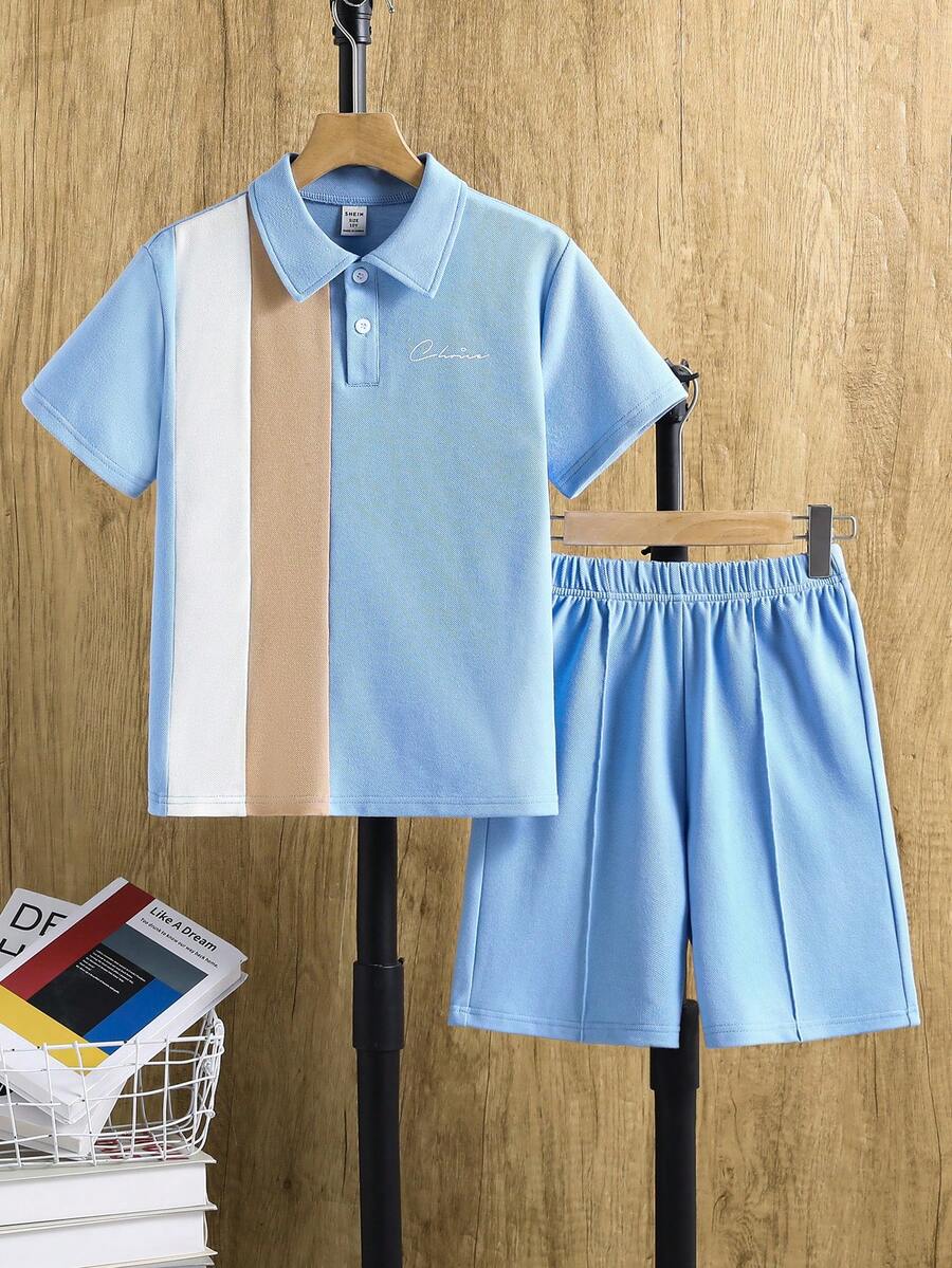 SHEIN Set 2 piese tricou polo cu mânecă scurtă și pantaloni scurți pentru preadolescenti - Bleu - Vizualizare 1