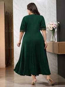 Modelyn Plus Size Women V-Neck Lace Patchwork Ruffle Casual Party Dress Elegant Dress For Women Zanzea Dress For Women Plus Size - Dark Green - View 3