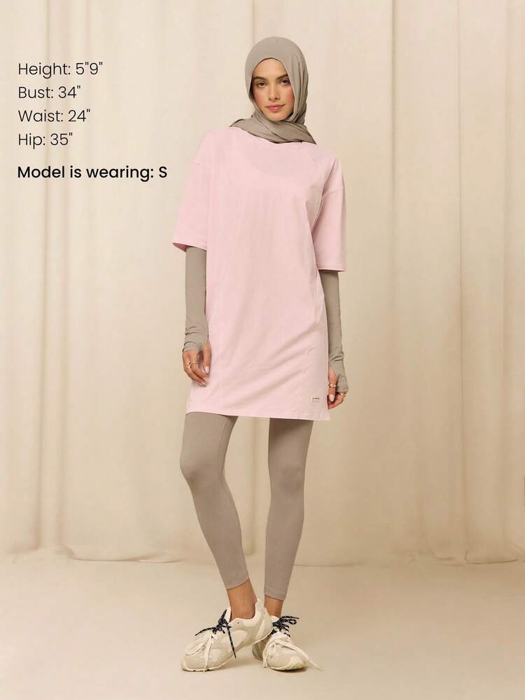 GLOWMODE X Reem Modest Pima Cotton Mighty Midi Soft Breathable Lightweight Side Split Hem Cocoon T-Shirt Dress Daily Casual Wear