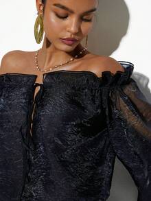 Coolane Conjuntos de ropa de mujer para primavera/verano con estilo chic Y2K bohemio para la playa, uso diario, blusas holgadas de cuello caído cómodas y transparentes - Negro - Ver 3