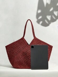 SHECARRY Bolso de mano tejido de moda para mujer, bolso de hombro de gran capacidad - Marrón rojo - Ver 4