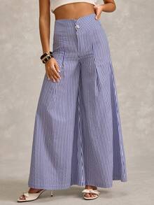 RueChic Women's Casual Commuting High Waist Pleated Wide Leg Pants - Blue and White - View 3